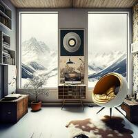 kalmte in ontwerp een reusachtig ai gegenereerd leven kamer met berg visie foto