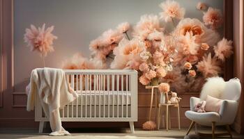 schattig baby in een knus, modern kinderkamer met vrolijk decoraties gegenereerd door ai foto