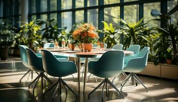 modern kantoor met een tafel, stoel, en planten door de venster gegenereerd door ai foto