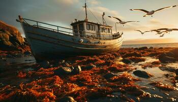 rustig zonsondergang, visvangst boot zeilen Aan kalmte water, meeuwen zweven gegenereerd door ai foto