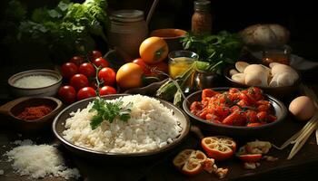 versheid en verscheidenheid Aan een houten tafel, een gezond vegetarisch maaltijd gegenereerd door ai foto