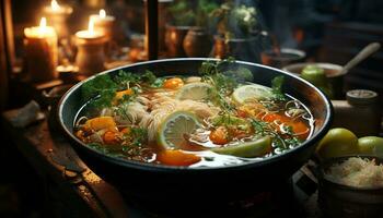 versheid en warmte combineren in een fijnproever groente soep maaltijd gegenereerd door ai foto