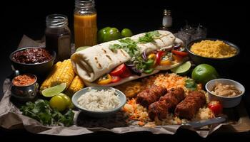 gegrild vlees, guacamole, tomaat, koriander, en tortilla creëren een smaakvol taco gegenereerd door ai foto