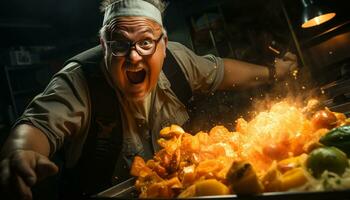 een geschoold chef Koken met brand in een donker werkplaats gegenereerd door ai foto