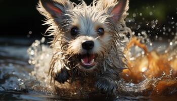 een schattig nat puppy spelen in de water, zuiver hoektand vreugde gegenereerd door ai foto