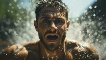 een blij, nat, en speels Mens schreeuwt met geluk in water gegenereerd door ai foto