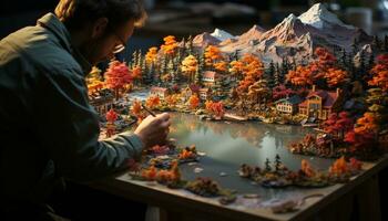 een creatief artiest werken buitenshuis, Holding een kleurrijk blad gegenereerd door ai foto
