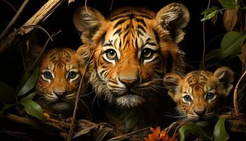 een schattig jong tijger welp staren, schoonheid in natuur dieren in het wild reserveren gegenereerd door ai foto