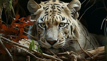 majestueus Bengalen tijger staren, schuilplaats in gras, schoonheid in natuur gegenereerd door ai foto