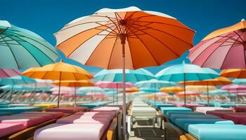 levendig gekleurde paraplu's ophelderen de strand Aan een zonnig dag gegenereerd door ai foto