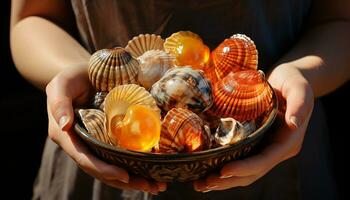 hand- Holding zeeschelp, zomer vakanties, natuur schoonheid, kust- ontspanning gegenereerd door ai foto