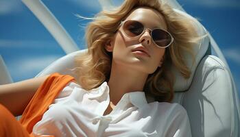 een mooi blond vrouw in zonnebril geniet een zomer rit gegenereerd door ai foto