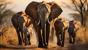 olifant kudde wandelen in Afrikaanse savanne, schoonheid in natuur gegenereerd door ai foto