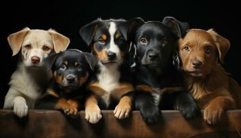 schattig puppy zitten, op zoek Bij camera, in een rij binnenshuis gegenereerd door ai foto