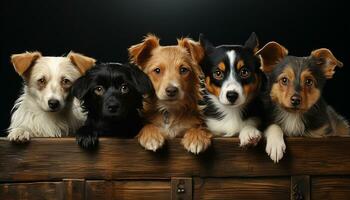 schattig puppy zitten, op zoek Bij camera, in een rij met vrienden gegenereerd door ai foto