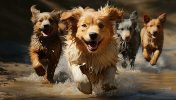 schattig puppy spelen in de water, blij en vol van geluk gegenereerd door ai foto
