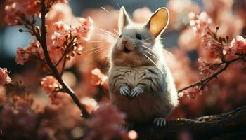 schattig pluizig konijn zittend Aan tak, omringd door kers bloesems gegenereerd door ai foto