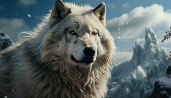 majestueus wolf in de arctisch Woud, op zoek Bij camera met intensiteit gegenereerd door ai foto