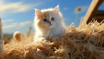 schattig katje spelen in de gras, staren Bij de camera gegenereerd door ai foto