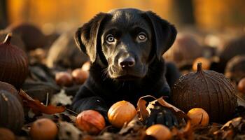 schattig puppy zittend in herfst, op zoek Bij camera, speels labrador gegenereerd door ai foto