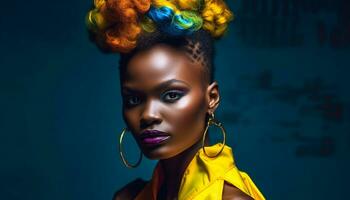 mooi Afrikaanse vrouw straalt uit elegantie en vertrouwen met haar gekruld haar- gegenereerd door ai foto