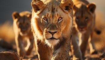 leeuwin wandelen, majestueus schoonheid in natuur, Afrika dieren in het wild reserveren gegenereerd door ai foto