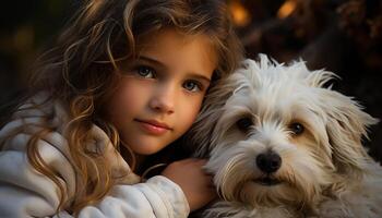 schattig kind en hond, glimlachen klein dier portret, vrolijk Kaukasisch meisje gegenereerd door ai foto