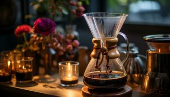 versheid en elegantie gieten van de koffie winkel oud fashioned koffie maker gegenereerd door ai foto