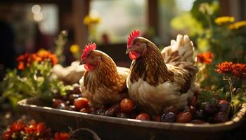 een vers, biologisch kip Aan een boerderij, omringd door natuur gegenereerd door ai foto