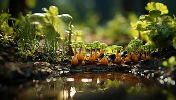 versheid van natuur groei, groen bladeren gevoed door water biologisch, gezond aan het eten in zomer premie gegenereerd door ai foto