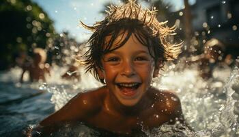 glimlachen kind spatten in water, genieten van zorgeloos zomer vakanties gegenereerd door ai foto