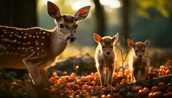 schattig jong hert staand in de weide, op zoek Bij camera gegenereerd door ai foto