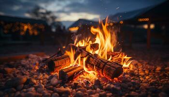 gloeiend kampvuur verlicht donker Woud, creëren een warm zomer nacht gegenereerd door ai foto