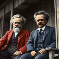revolutionair visionairs gekleurd portret van Karl marx en trotsky in Jaren 30 generatief ai foto