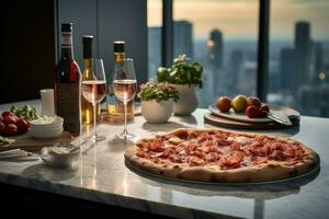 ronde fijnproever pizza Aan de tafel. generatief ai foto