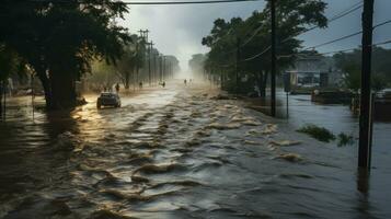 storm piek aan het bedekken overstroomd weg gedurende tropisch storm. generatief ai foto