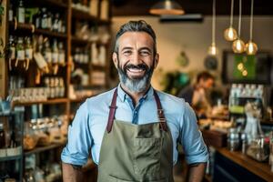 eigenaar ober schort bar bezetting bedrijf barista portret persoon onderhoud. generatief ai. foto