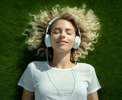 vrouw aan het liegen zomer model- gras levensstijl groen portret oortelefoons luister muziek- Kaukasisch meditatie foto