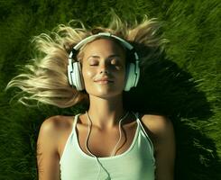 zomer vrouw muziek- groen volwassen leerling meditatie aan het liegen vrouw ontspanning levensstijl gras luister persoon oortelefoons portret foto