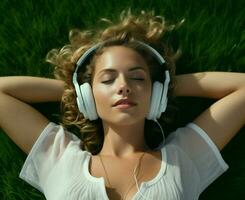 vrouw volwassen vrouw zomer achtergrond muziek- gras geluid levensstijl oortelefoons mode ruimte luister groen portret meditatie foto