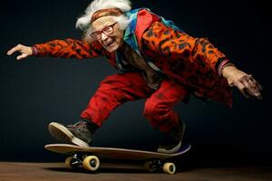 vrouw oud gek skateboard foto