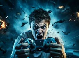 gamer Mens spanning schreeuw bedieningshendel portret boos TV spelen online vermaak technologie verschrikking foto
