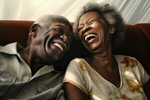 vrouw Amerikaans liefde paar gepensioneerd zwart portret gelukkig Afrikaanse volwassen senior oud. generatief ai. foto