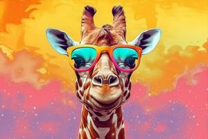 dieren in het wild nek zoogdier portret dierentuin zonnebril giraffe Afrika dier kleurrijk. generatief ai. foto