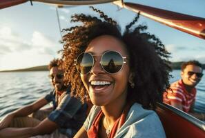 jacht Dames vrienden jong auto zomer vrolijk boot gelukkig reis levensstijl. generatief ai. foto