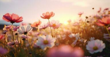 zomer tuinieren bloemen bloem roze kosmos natuur voorjaar veld- zonnig fabriek foto