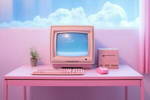 roze mobiel houten kantoor scherm cyberspace technologie concept toezicht houden op retro blauw digitaal computer foto