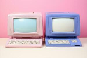 toezicht houden op technologie concept retro digitaal blauw cyberspace kantoor voorwerp roze computer foto