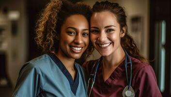 schoonheid kliniek Dames Kaukasisch portret groep zwart Gezondheid team dokter verpleegster. generatief ai. foto