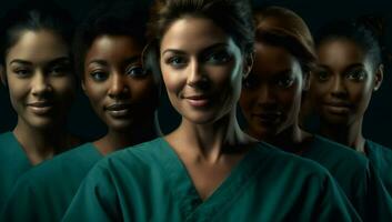 Gezondheid groep kliniek Dames portret dokter schoonheid echt zwart verpleegster Kaukasisch. generatief ai. foto
